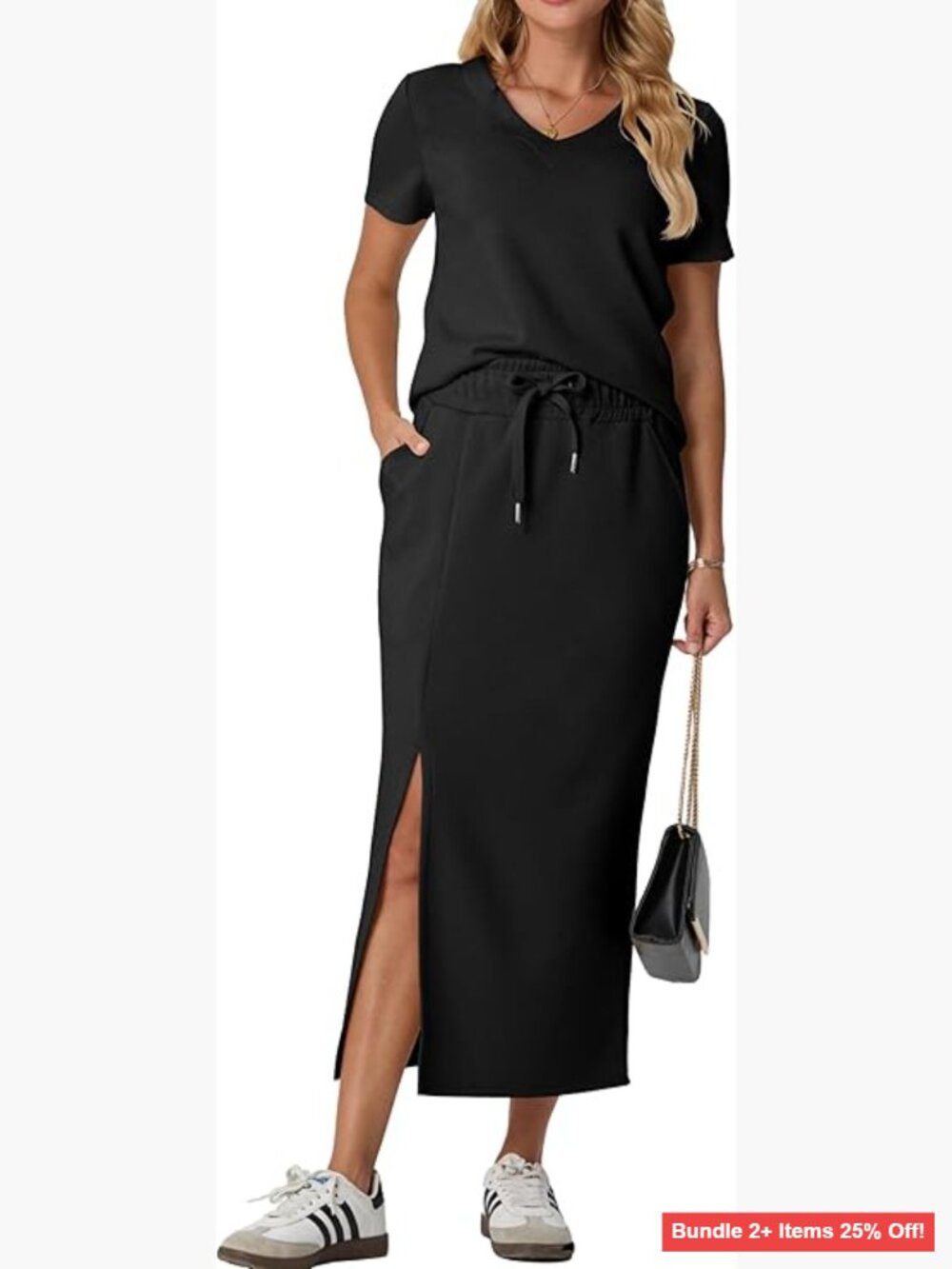 Two Piece Set V-Neck Top Midi Skirt Side Slit Pockets Drawstring Waist